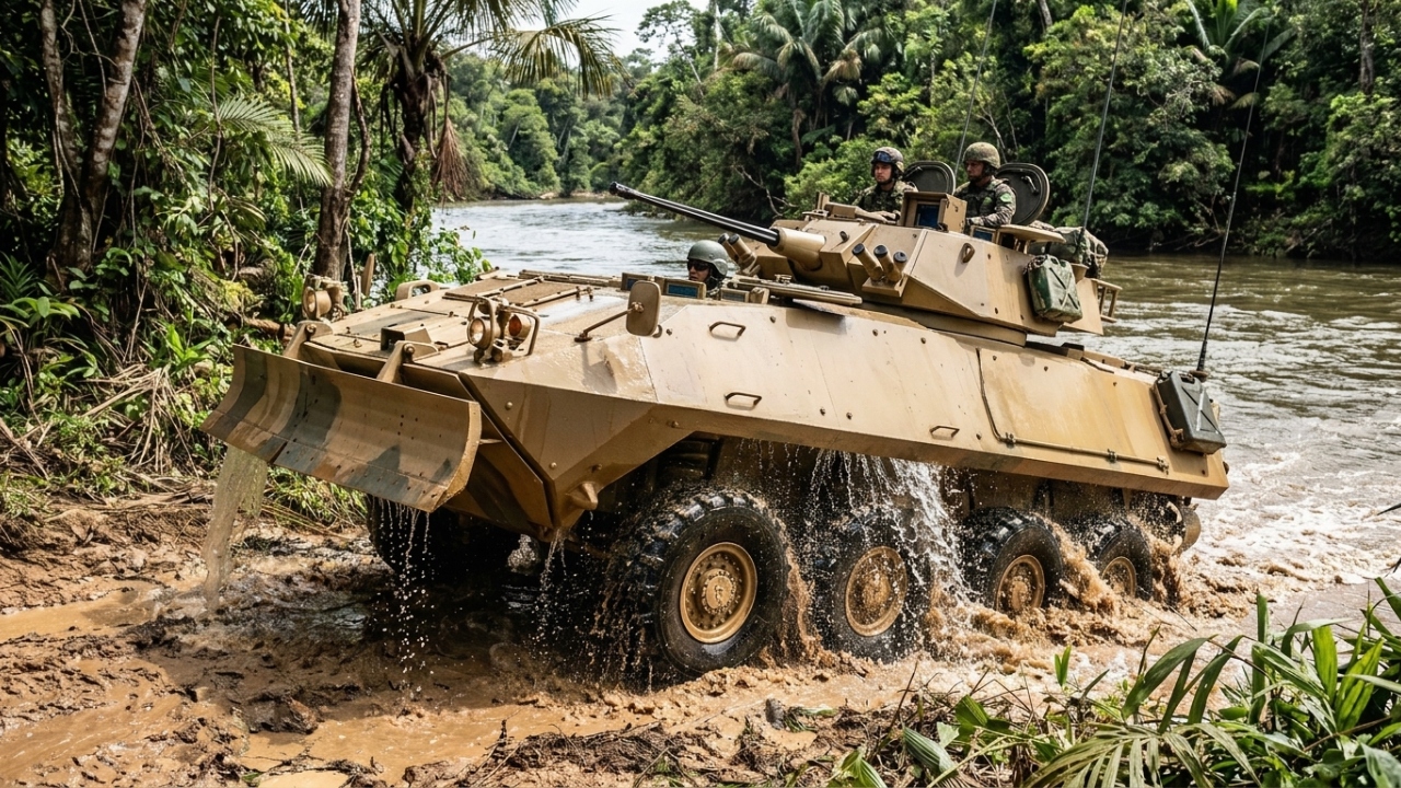 O veículo anfíbio de oito rodas motrizes que atravessa rios com facilidade e funciona como um escudo de aço para fuzileiros navais nas missões mais perigosas