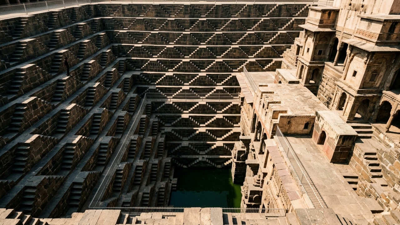 Com 3.500 degraus perfeitamente simétricos e 30 metros de profundidade, o poço milenar indiano construído como uma pirâmide invertida para armazenar água das monções no deserto