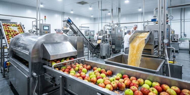 Com 1.500 kg de maçãs lavadas e prensadas, a engenharia industrial extrai cerca de 1.050 litros do suco puro da fruta