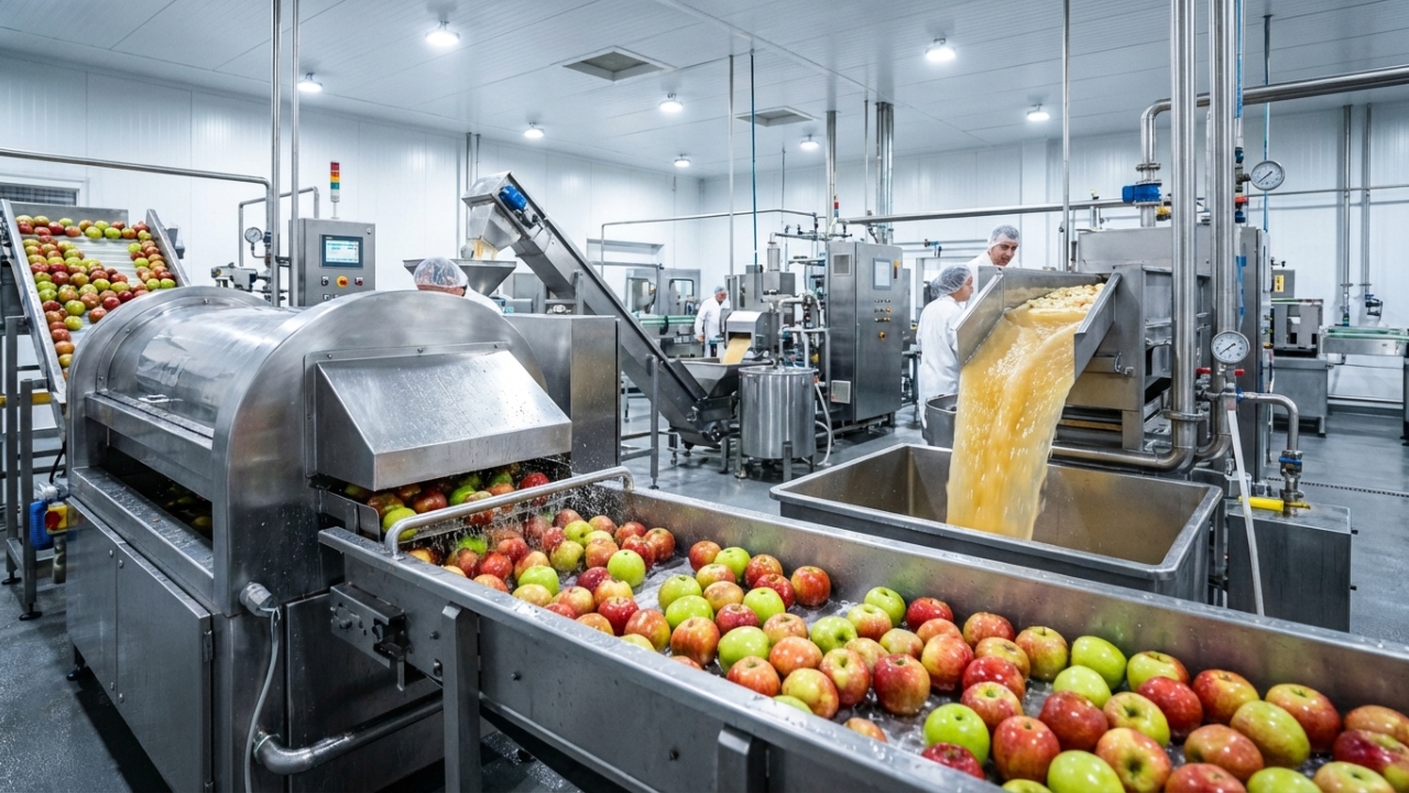 Com 1.500 kg de maçãs lavadas e prensadas, a engenharia industrial extrai cerca de 1.050 litros do suco puro da fruta