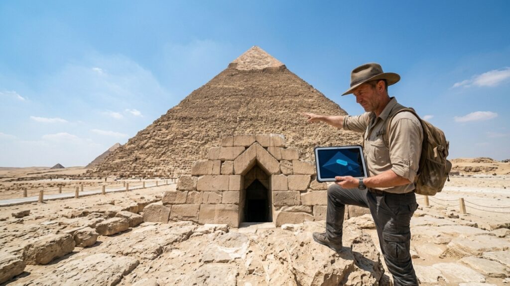 orredor oculto de 9 metros localizado acima da entrada principal da Grande Pirâmide de Gizé revela o segredo do peso das pedras e o descanso final do faraó