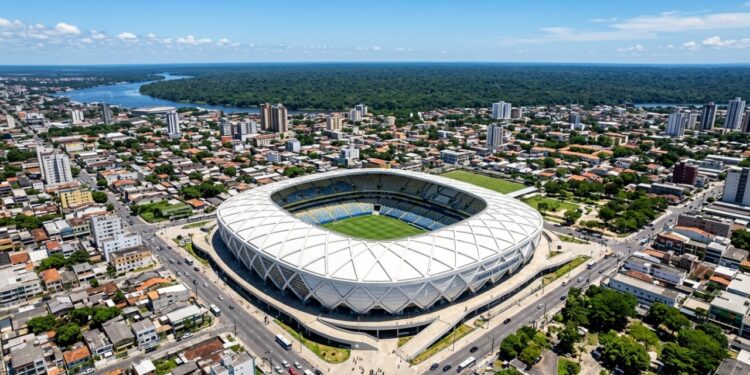 O megaestádio de 600 milhões de reais construído no meio da selva com estruturas de aço importadas que cruzaram o oceano e subiram o Rio Amazonas de navio