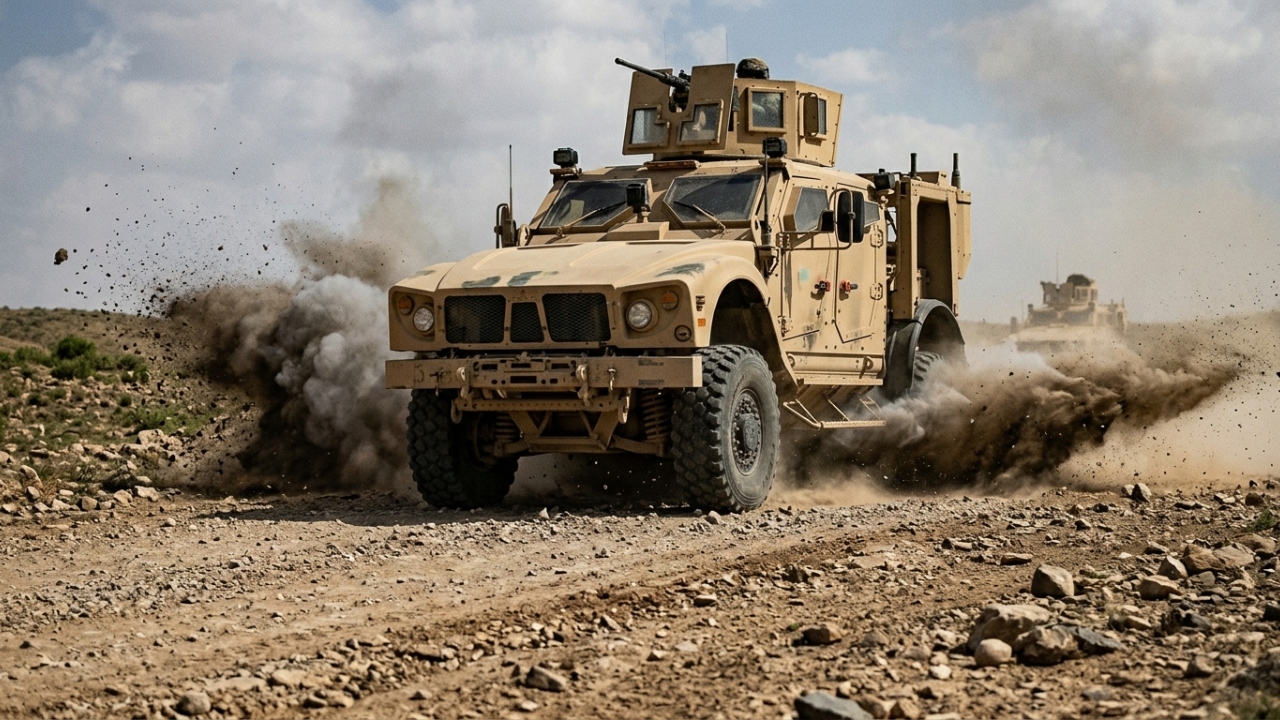 O blindado com assoalho em formato de V projetado especificamente para desviar a explosão de minas terrestres e salvar a vida de todos os passageiros