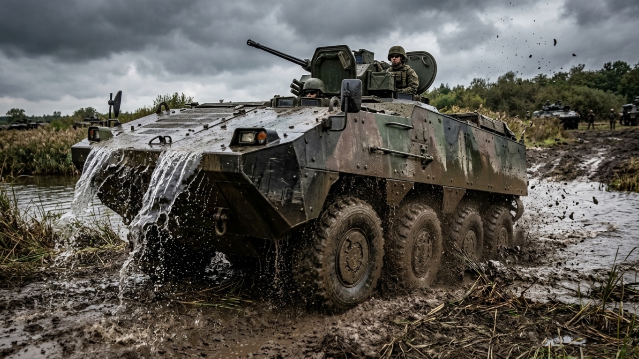 O blindado anfíbio de 8 rodas e 22 toneladas transporta 12 soldados com segurança e atravessa rios inteiros sem precisar de pontes