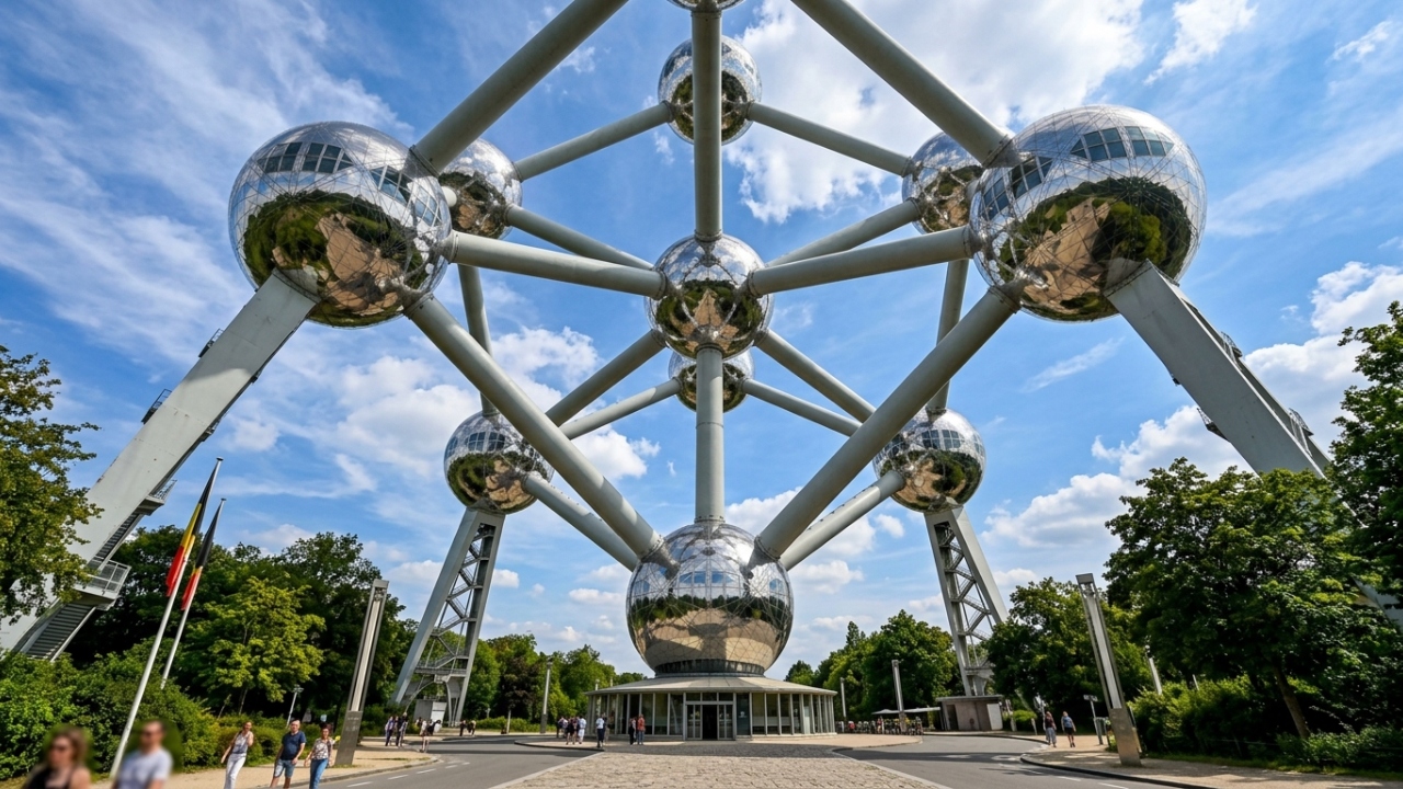 A gigantesca estrutura de aço com 102 metros de altura que reproduz um átomo ampliado 165 bilhões de vezes e possui tubos de ligação com escadas rolantes e vistas panorâmicas