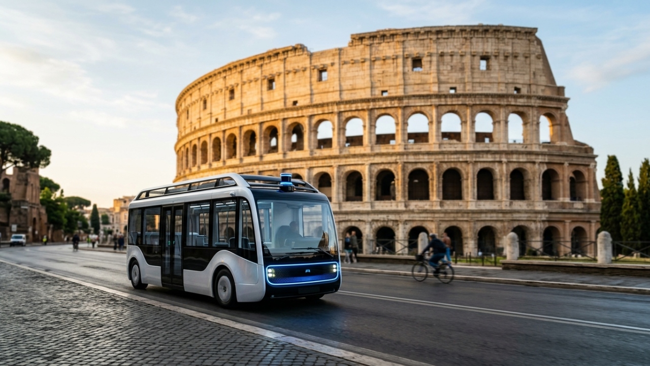 Ônibus futurista com inteligência artificial e ausência total de volante circula sem motorista e mapeia ruínas históricas na Europa