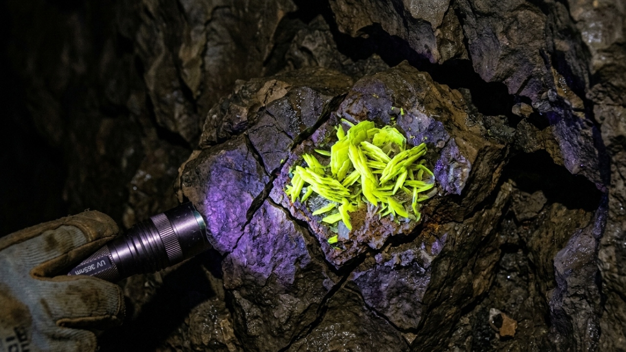 Esqueça o brilho do neon, pois este mineral emite uma fluorescência intensa por conter urânio, sendo um dos exemplares radioativos mais fascinantes da geologia