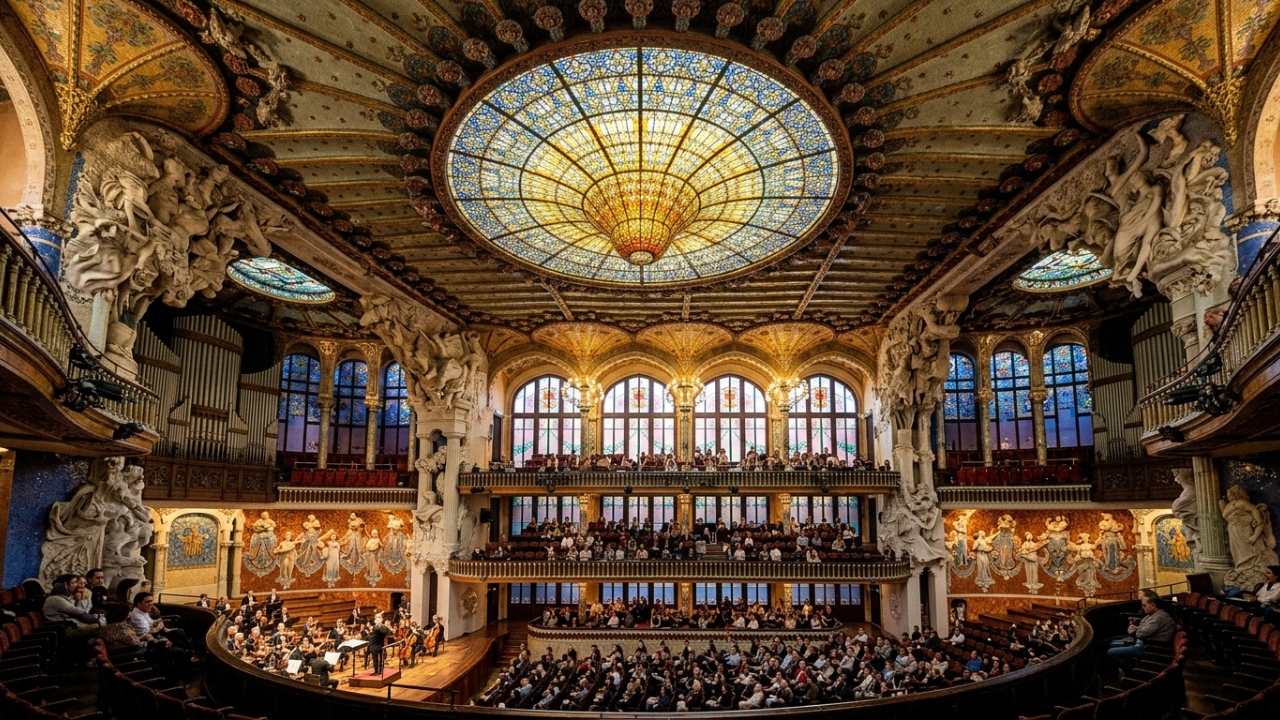 Com seu domo de vidro colorido e arquitetura modernista de 1908, o auditório virou a joia máxima da música e da engenharia em Barcelona