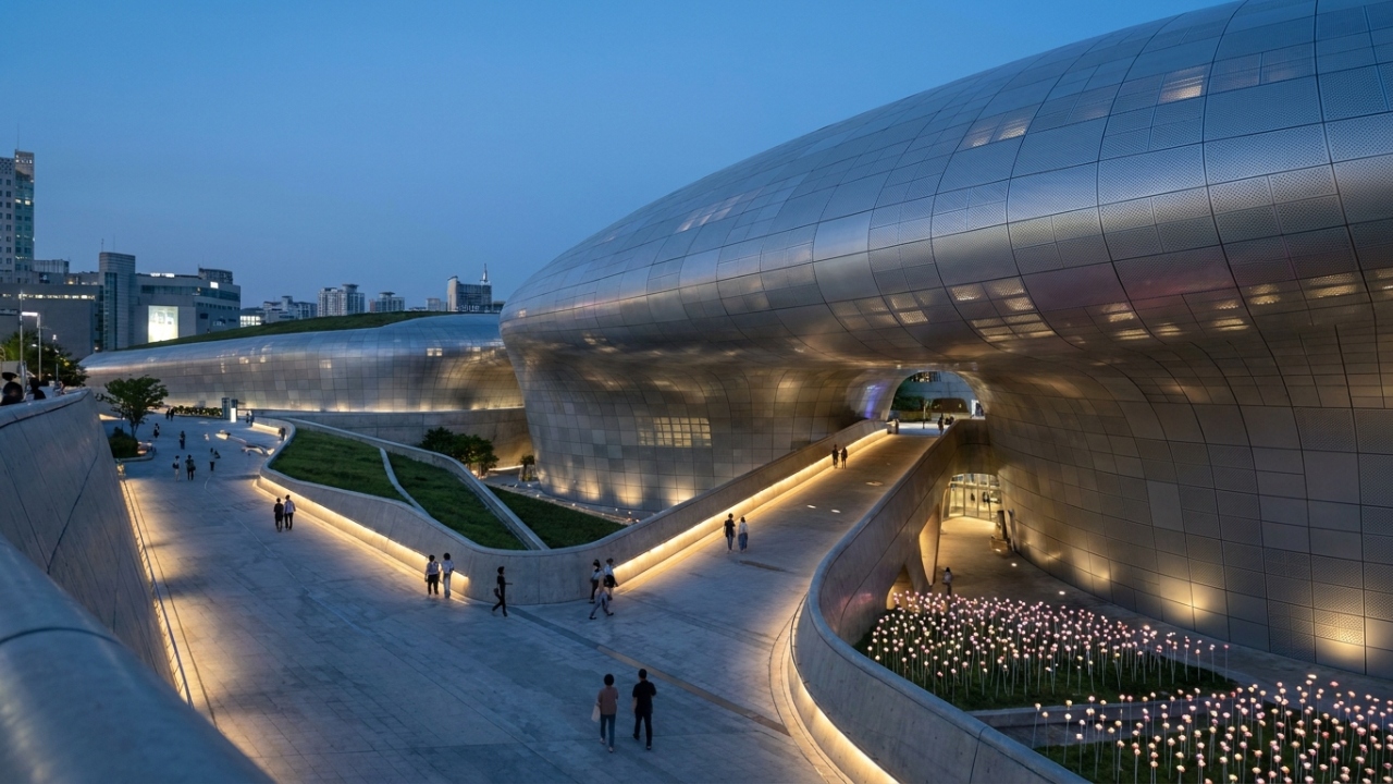 Com 86.574 m² e formas orgânicas, o DDP de Seul, desenhado por Zaha Hadid, surge como um marco da arquitetura neofuturista