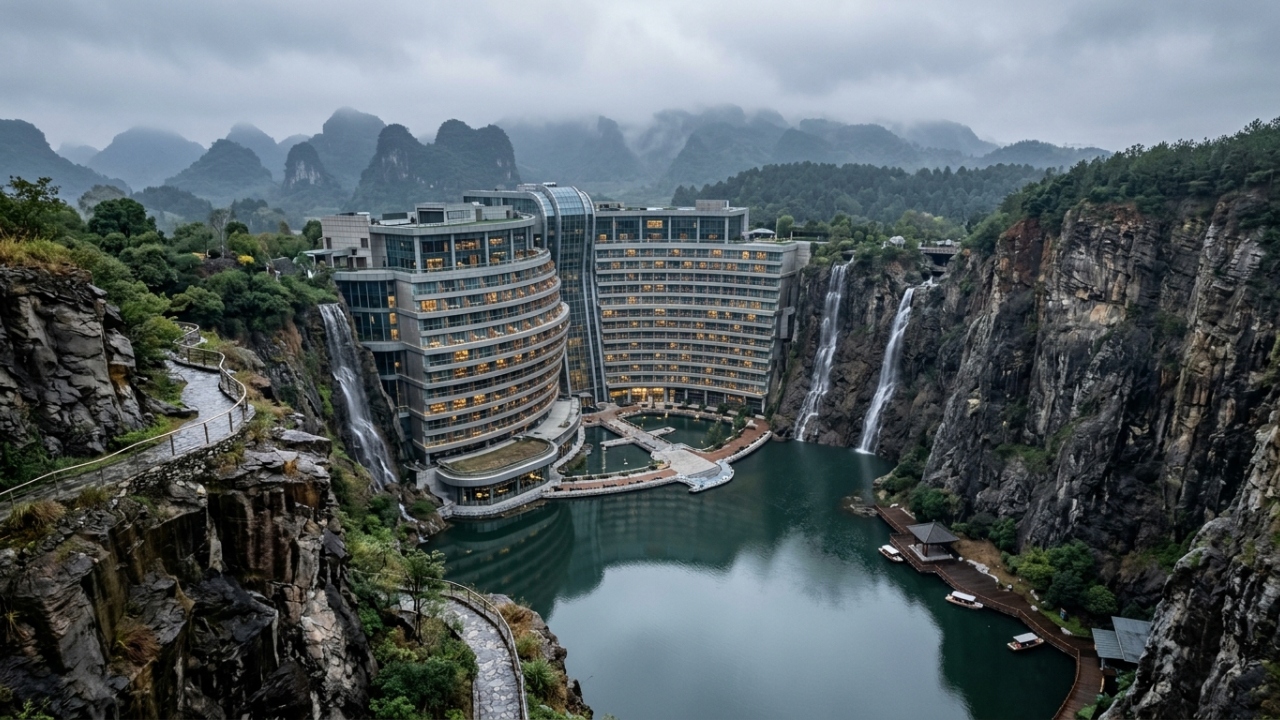 O luxuoso resort de 1 bilhão de dólares construído inteiramente debaixo da terra dentro das paredes de uma pedreira abandonada com 18 andares impressionantes e quartos que ficam completamente submersos na água do lago