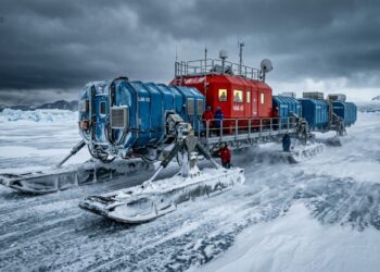 A base de pesquisa científica ultratecnológica construída sobre esquis gigantes de aço na Antártida que pode ser movida por tratores pesados para escapar de rachaduras mortais na plataforma de gelo em movimento contínuo