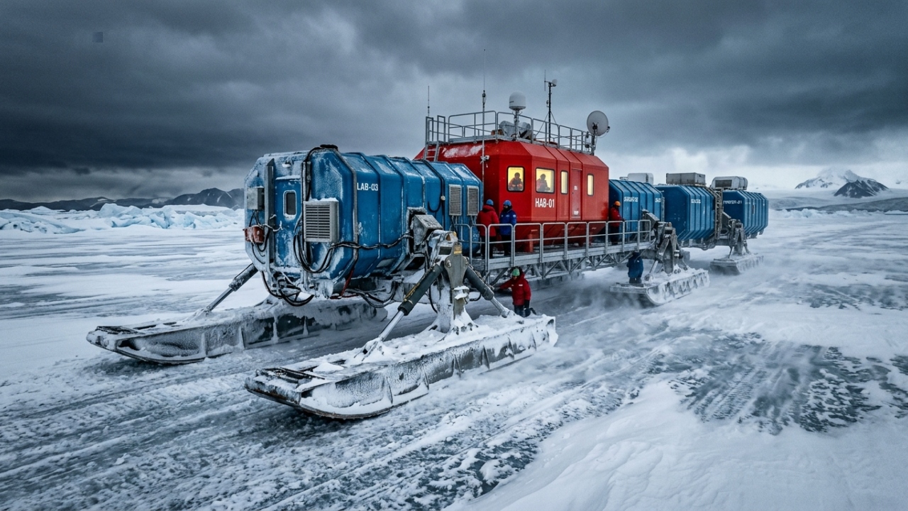 A base de pesquisa científica ultratecnológica construída sobre esquis gigantes de aço na Antártida que pode ser movida por tratores pesados para escapar de rachaduras mortais na plataforma de gelo em movimento contínuo
