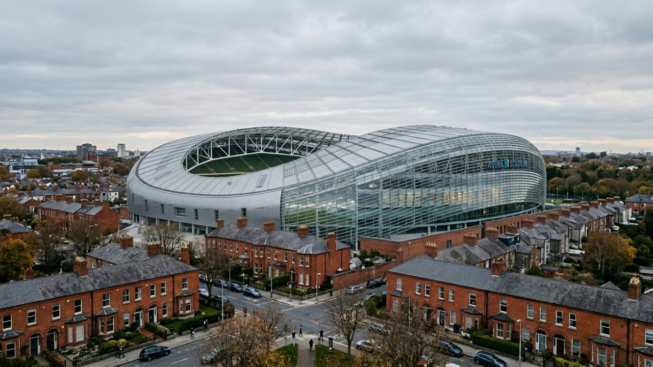 Com 51.700 lugares e uma fachada em formato curvo, o estádio em Dublin virou a casa oficial do rugby e do futebol irlandês