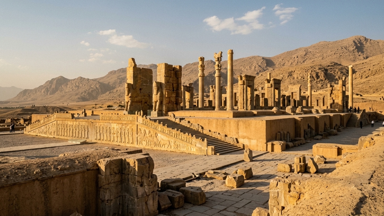 Com plataforma de 125 mil m² iniciada em 518 a.C., Persépolis surge como o centro monumental do Império Persa e marco da engenharia antiga