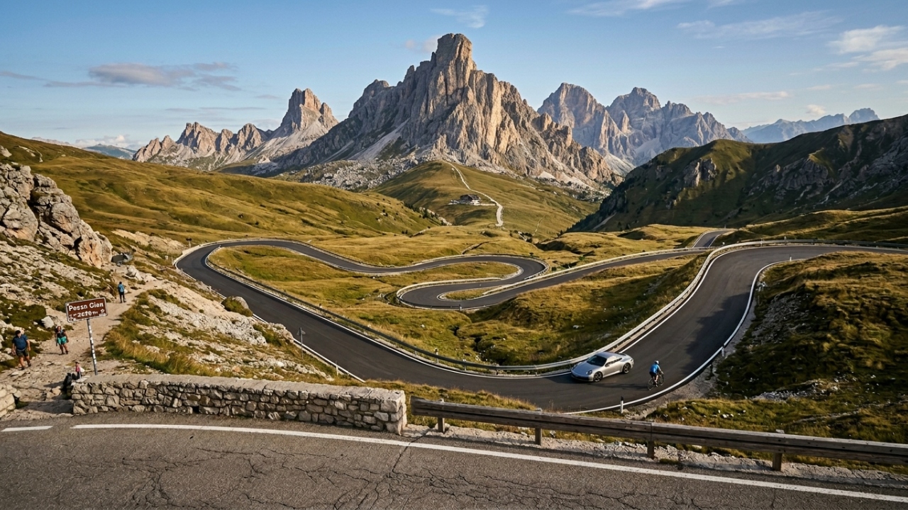 A rodovia italiana atinge 2.233 metros de altitude; com 29 curvas fechadas, o Passo Giau cruza as Dolomitas como a rota mais cênica da região