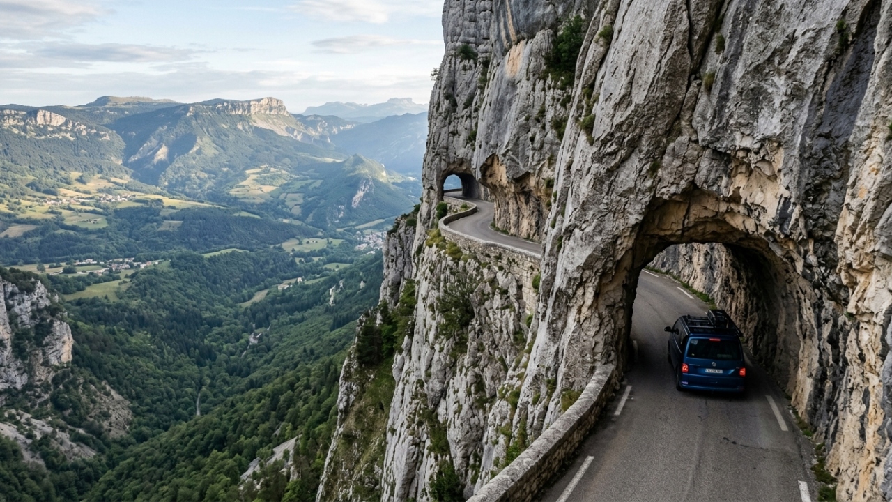 Com seus túneis esculpidos na rocha e um precipício vertical de 600 metros de profundidade, a estrada francesa virou o mirante mais vertiginoso dos Alpes de Vercors