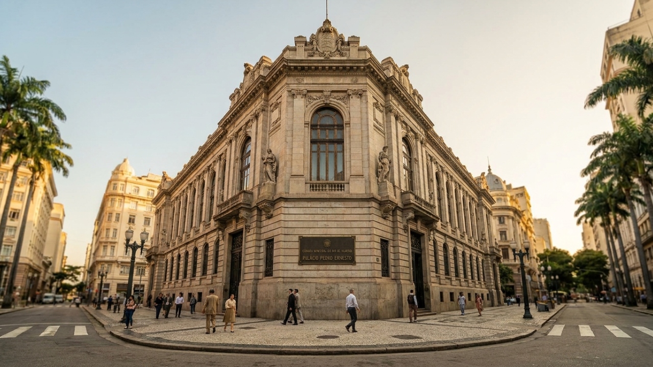 Com fachada eclética de 1923 e detalhes em mármore, o palácio no Rio surge como um marco da engenharia cívica e da história brasileira