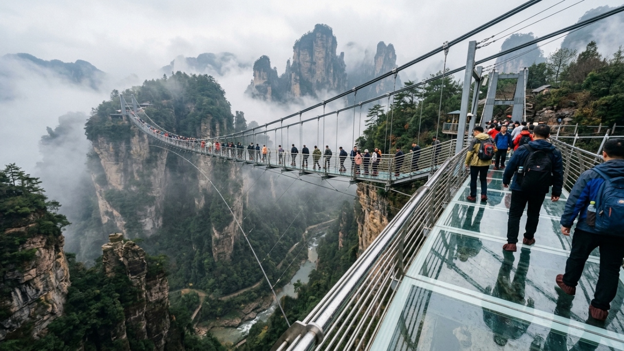 Turistas que caminham sobre a ponte transparente a 300 metros de altura sentem as pernas tremerem ao olhar diretamente para o fundo do desfiladeiro rochoso sob seus pés