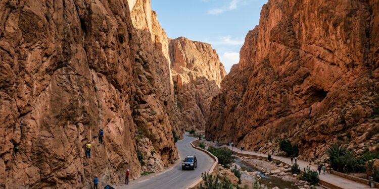 Paredões de calcário atingem 300 metros de altura nesta estrada marroquina, formando um desfiladeiro estreito que desafia a engenharia local