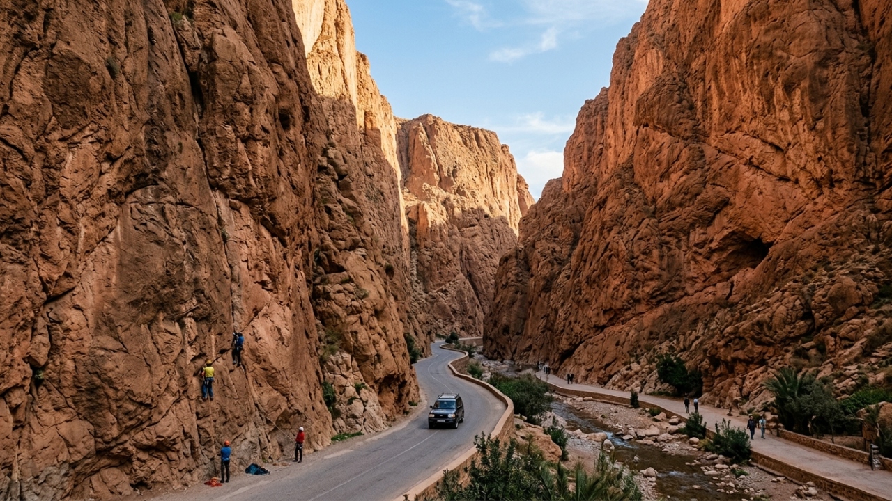 Paredões de calcário atingem 300 metros de altura nesta estrada marroquina, formando um desfiladeiro estreito que desafia a engenharia local