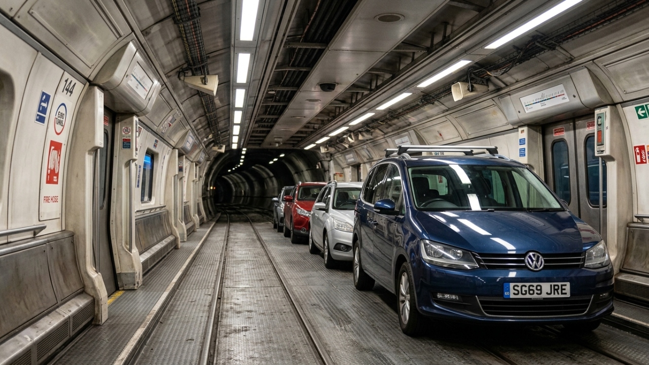 Famílias inteiras estacionam seus carros dentro de um trem de alta velocidade e viajam debaixo do oceano por 50 quilômetros para conseguir cruzar a fronteira em segurança