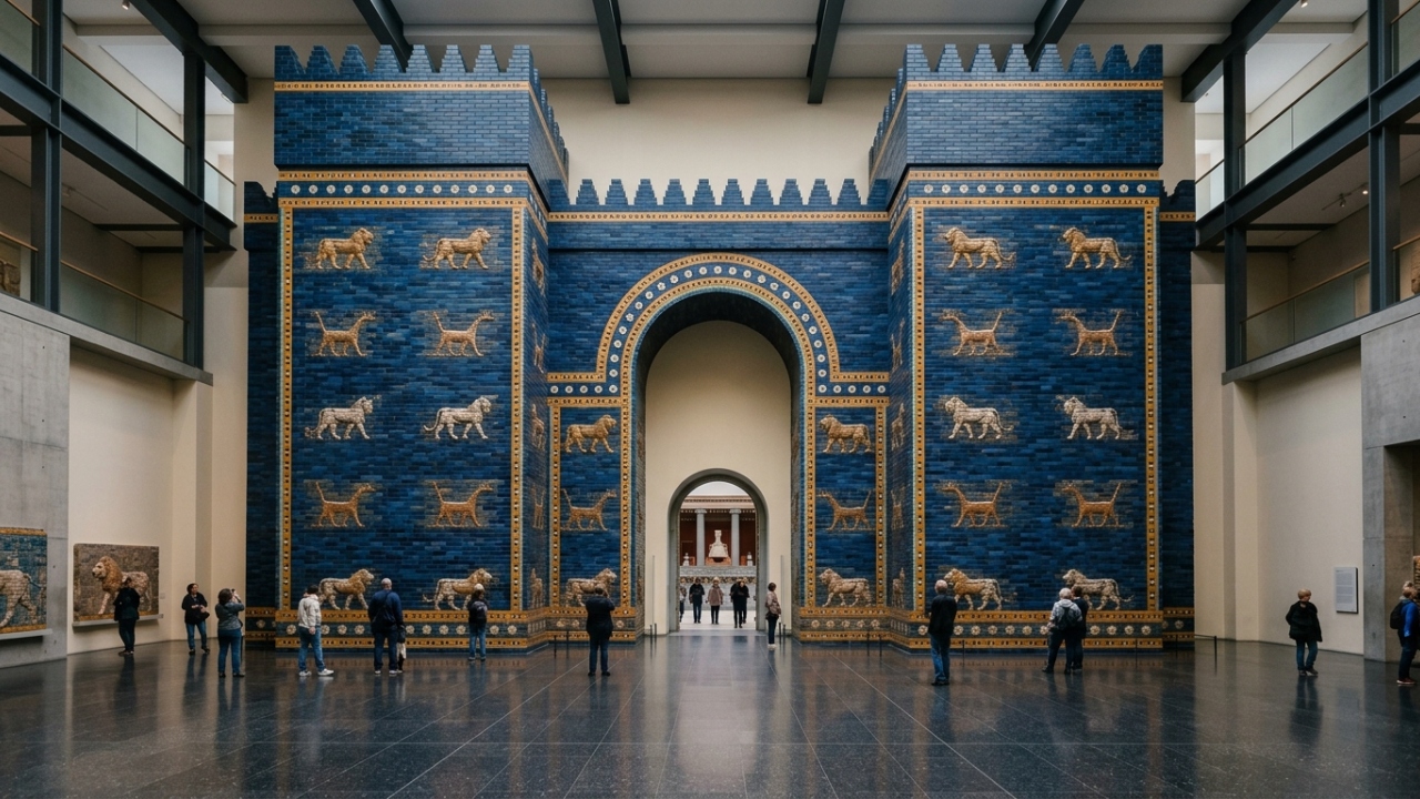 Com 14 metros de altura e azulejos azuis, o Portão de Ishtar remontado em Berlim surge como a maior obra da engenharia babilônica
