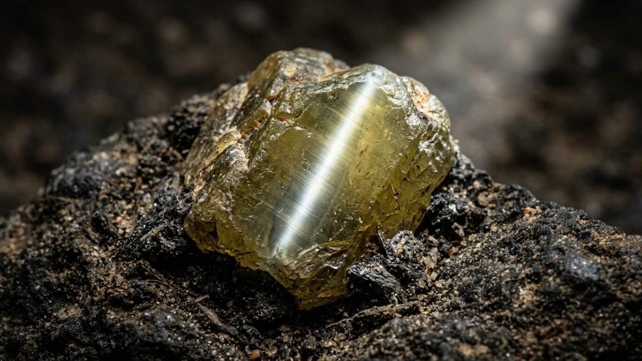 Esqueça o brilho comum, pois este mineral exibe um fenômeno óptico chamado chatoyancy que cria um risco luminoso único no centro