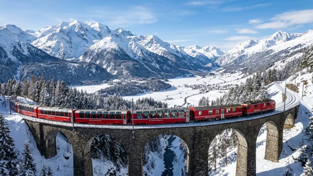 A viagem de trem Patrimônio da UNESCO que conecta geleiras suíças a palmeiras italianas em 4 horas