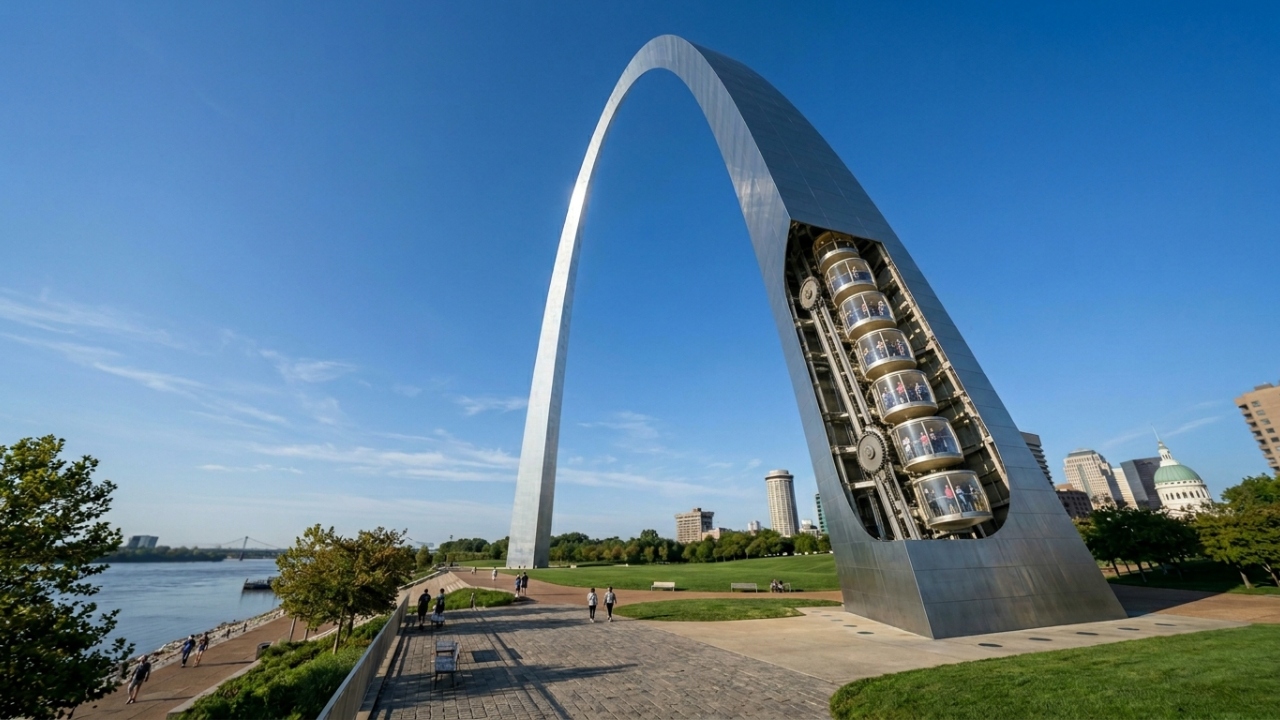 O gigantesco arco de aço inoxidável de quase 200 metros de altura nos Estados Unidos que possui um bizarro e complexo sistema de bondes internos desenhado sob medida para levar os milhares de turistas até o ponto mais alto do topo