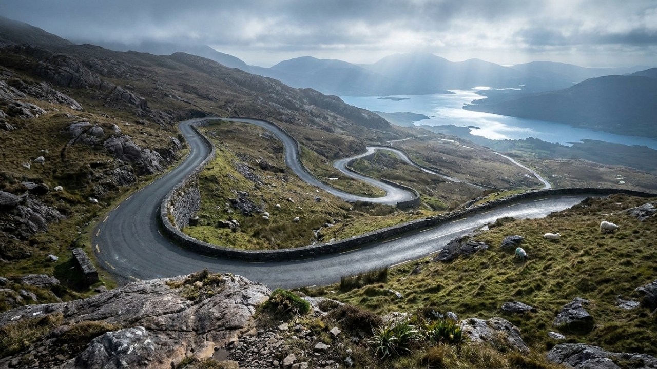 Com suas curvas sinuosas e vistas panorâmicas, a passagem de Healy Pass na Irlanda surge como um exemplo de beleza cênica e engenharia