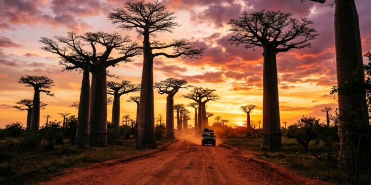 A estrada nacional RN8 é cortada por árvores milenares de 30 metros de altura, criando o corredor natural mais fotografado de Madagáscar