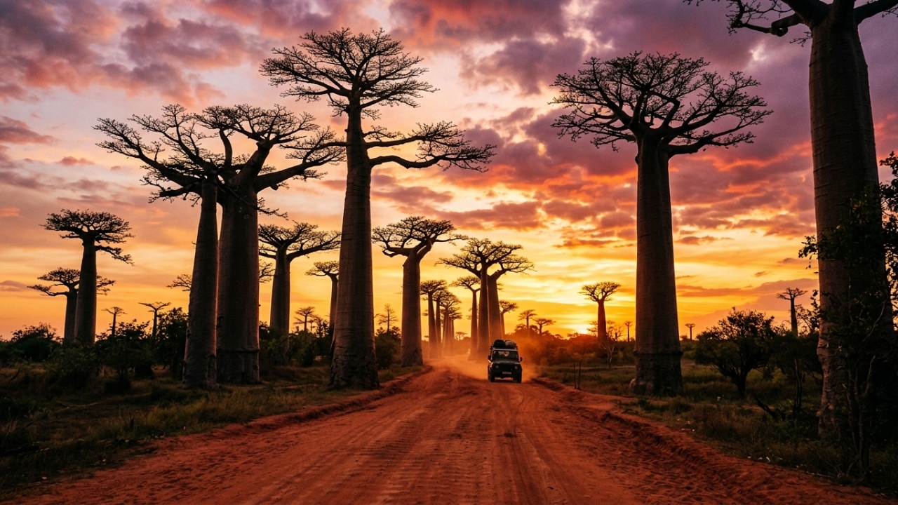 A estrada nacional RN8 é cortada por árvores milenares de 30 metros de altura, criando o corredor natural mais fotografado de Madagáscar
