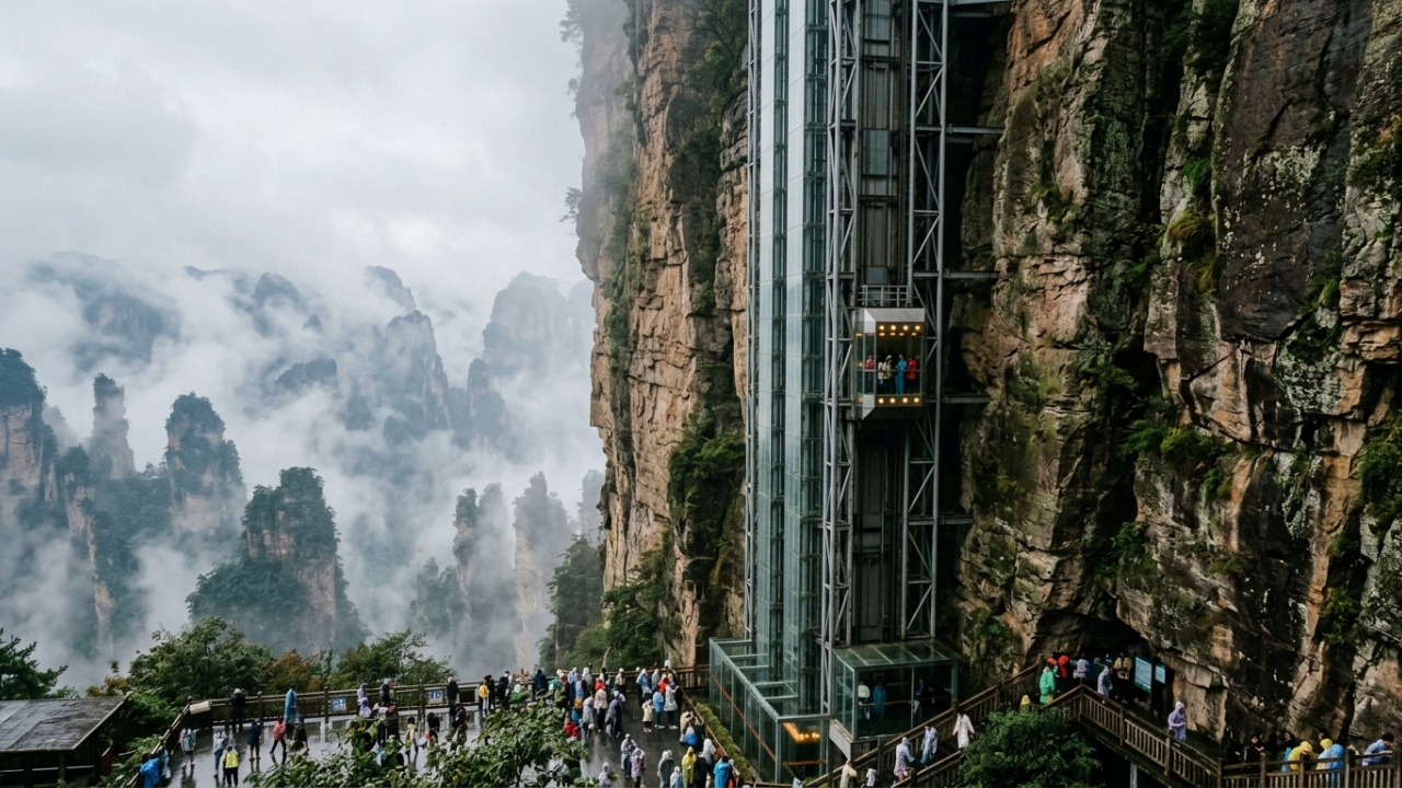 O monumental elevador de vidro cravado em um penhasco de 326 metros de altura na China que transporta milhares de turistas diariamente de forma veloz pelas montanhas imponentes que inspiraram diretamente o filme Avatar