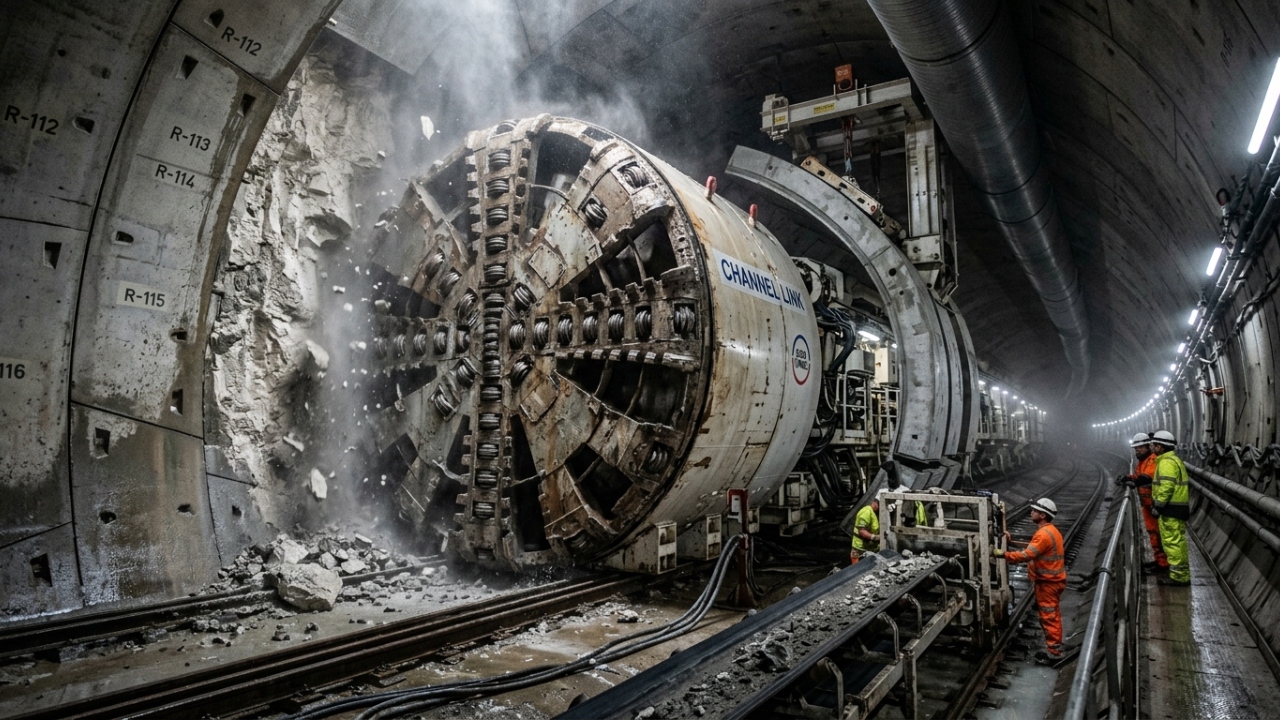O colossal túnel ferroviário de 50 quilômetros escavado sob o leito do mar no Canal da Mancha que uniu fisicamente e estruturalmente a ilha da Grã Bretanha ao continente europeu em uma das maiores obras de engenharia civil