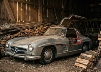 Localizada em um celeiro sob pilhas de madeira, a máquina alemã de portas asa de gaivota fabricada em 1955 vale dois milhões de dólares em abril
