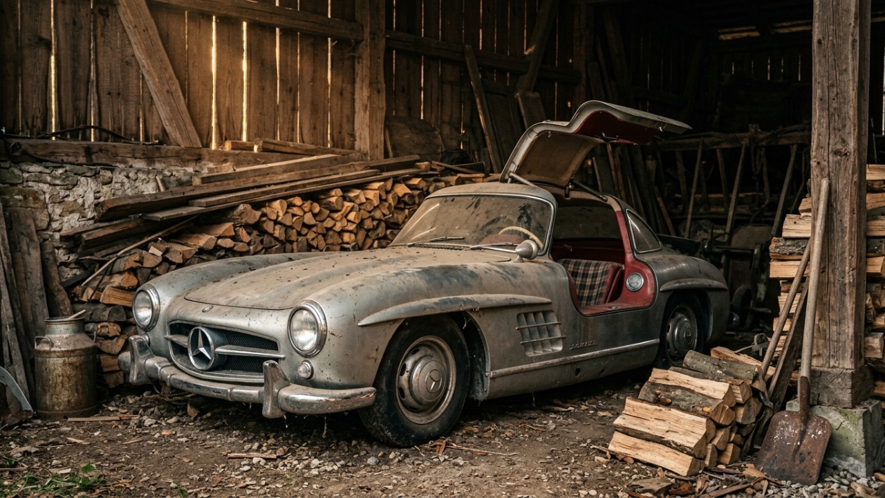 Localizada em um celeiro sob pilhas de madeira, a máquina alemã de portas asa de gaivota fabricada em 1955 vale dois milhões de dólares em abril