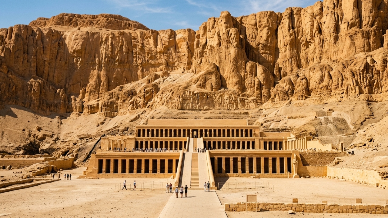 Com 3 terraços monumentais esculpidos na rocha, o templo de Hatshepsut surge como a obra arquitetônica mais avançada do Egito Antigo