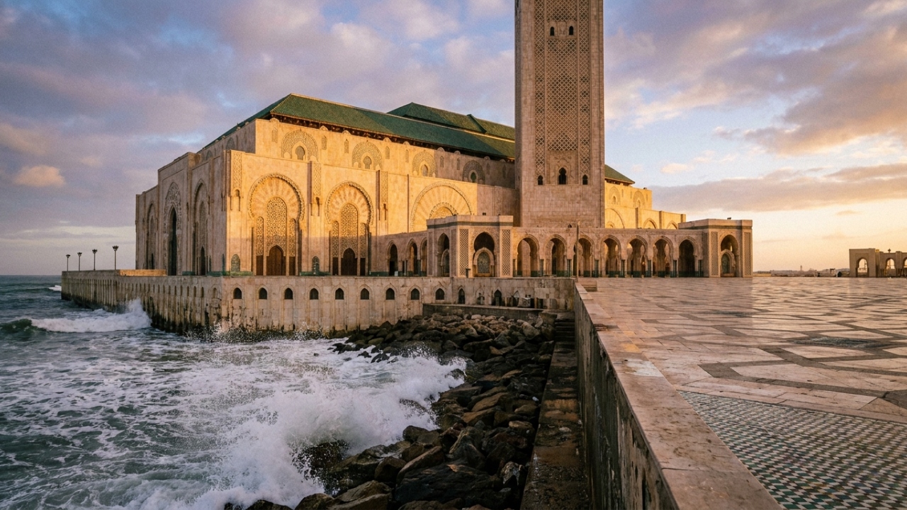 Com 210 metros de altura em seu minarete, a mesquita marroquina sobre o mar é uma das maiores e mais complexas obras da engenharia islâmica
