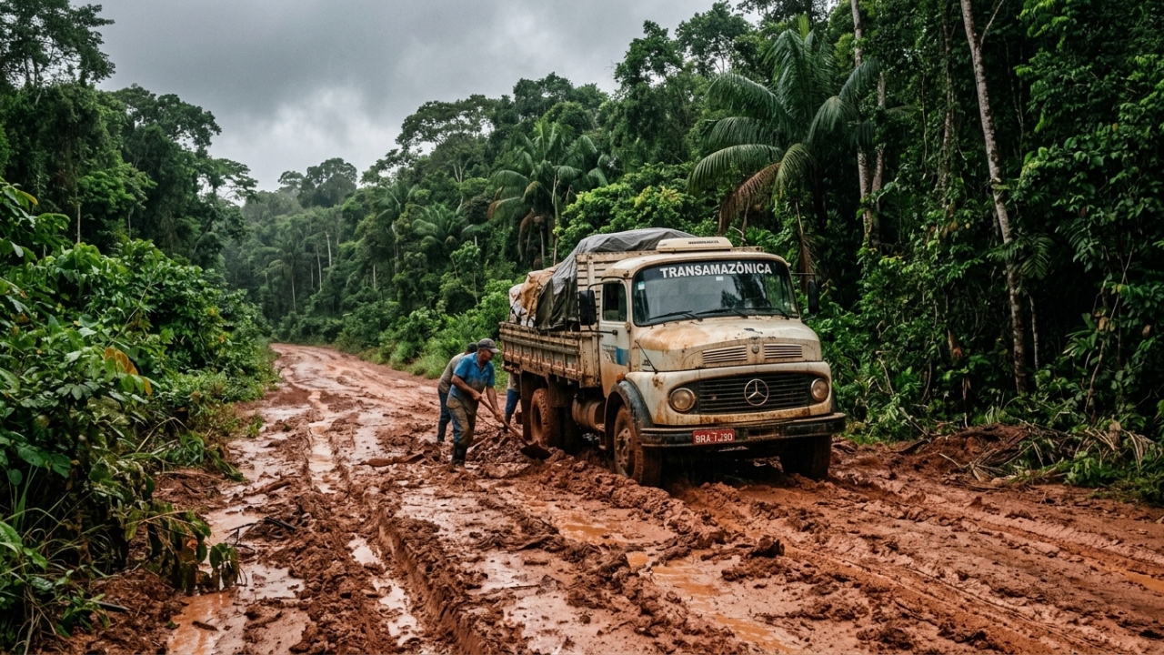 Todos que tentam cruzar a terceira maior rodovia do Brasil enfrentam centenas de quilômetros de poeira sufocante no verão e lamaçal profundo durante as intensas chuvas