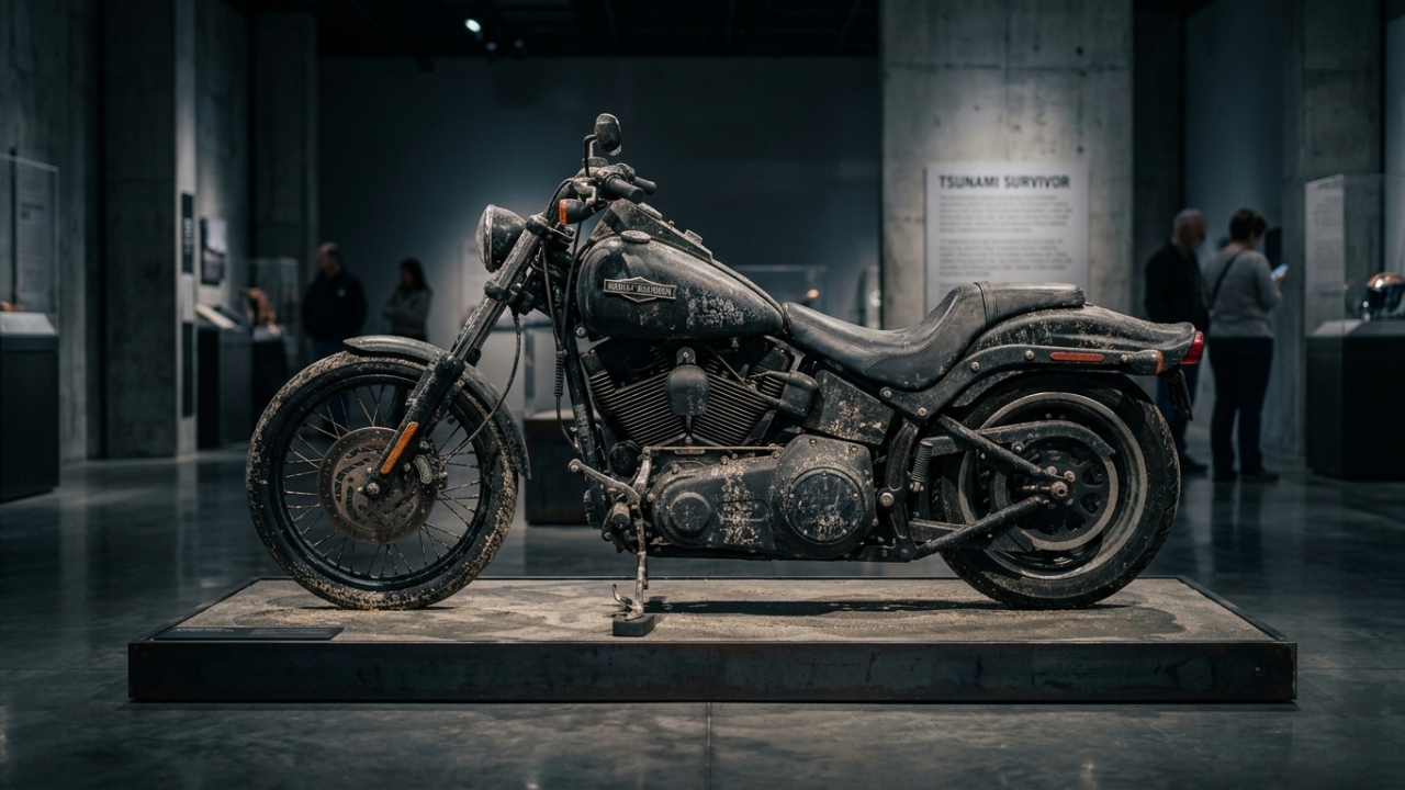 Arrastada pelo tsunami do Japão e encontrada em uma praia do Canadá, a moto americana de 1.600 cilindradas sobrevive a um ano no mar