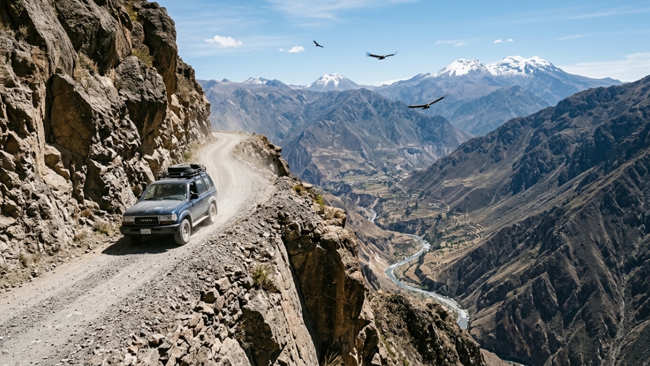 A rodovia peruana serpenteia um dos cânions mais profundos do mundo a 4.000 metros de altitude, desafiando motoristas com abismos de tirar o fôlego