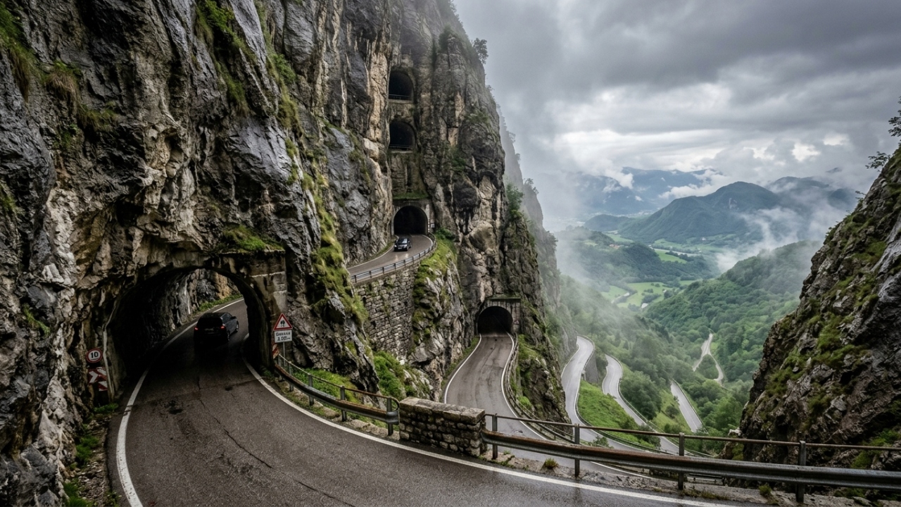 A estrada italiana de 1918 possui 5 túneis escavados em curvas fechadas; o San Boldo foi construído para vencer o precipício em apenas 7 km