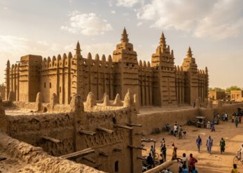 O imenso e milenar edifício de barro do planeta construído por milhares de pessoas no coração da África que precisa obrigatoriamente ser rebocado todos os anos pela população local para não derreter completamente com a chuva