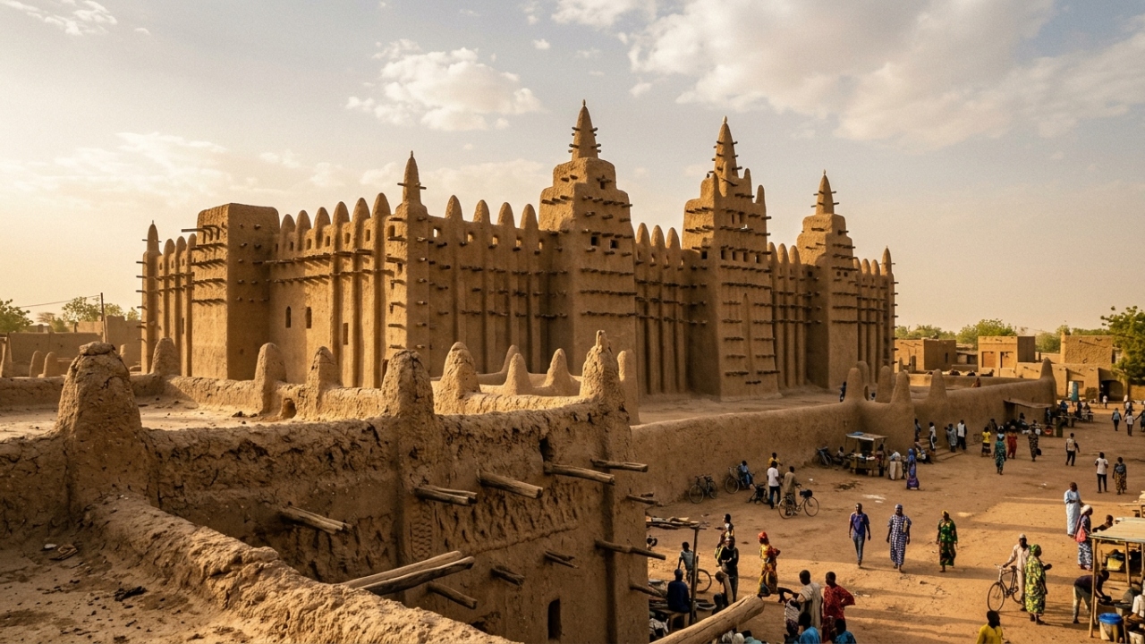 O imenso e milenar edifício de barro do planeta construído por milhares de pessoas no coração da África que precisa obrigatoriamente ser rebocado todos os anos pela população local para não derreter completamente com a chuva