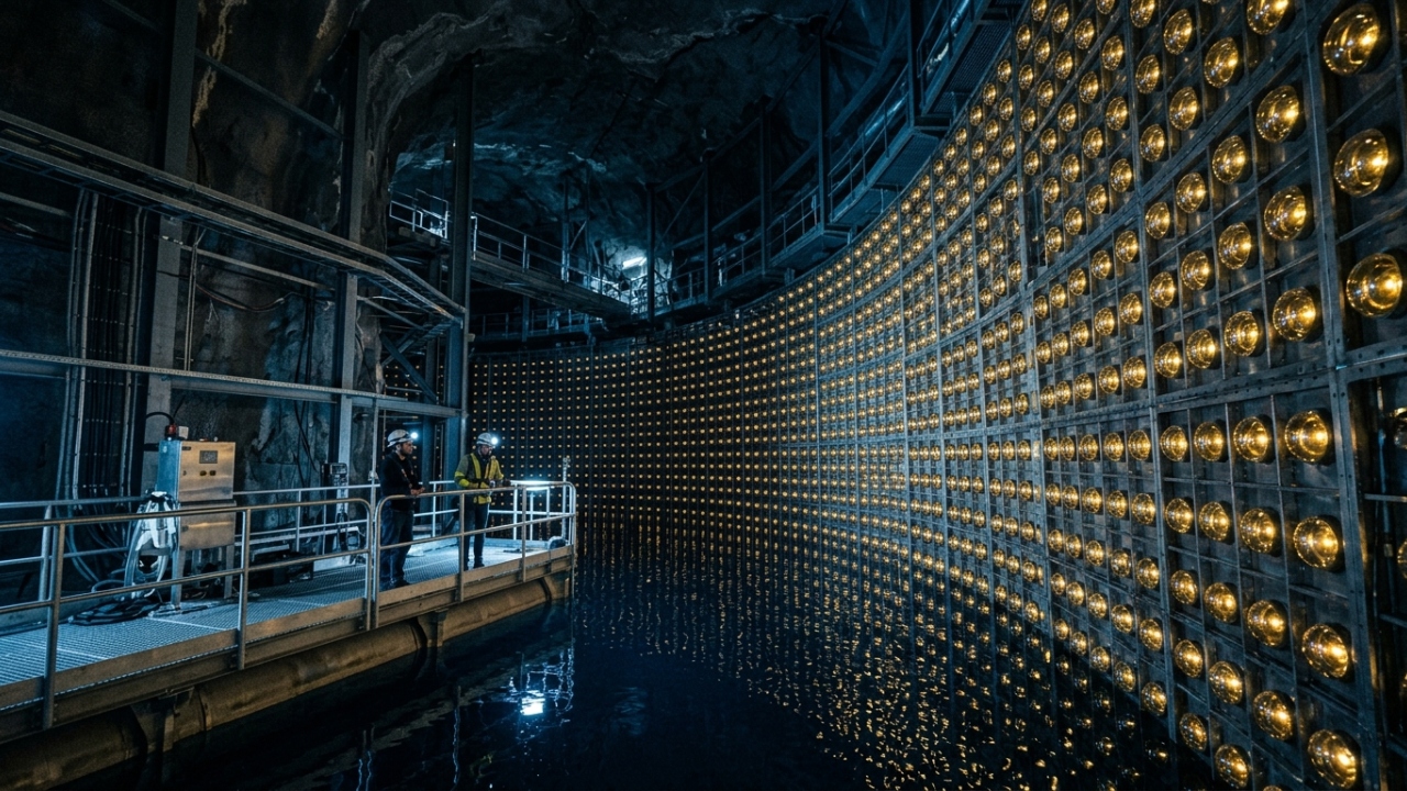 O gigantesco e brilhante tanque cilíndrico forrado com 50 mil toneladas de água ultra pura a 1000 metros de profundidade no subsolo de uma montanha japonesa construído para tentar capturar as partículas mais indescritíveis do universo