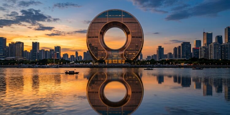 Com 138 metros de altura e um vão central de 48 metros, o edifício circular na China surge como o prédio de geometria única mais alto do mundo