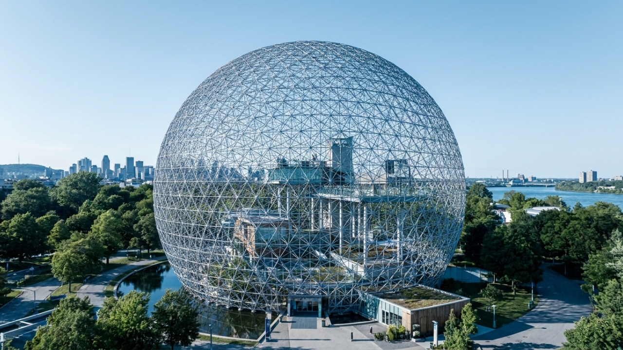 Com 76 metros de diâmetro e a cúpula geodésica de Buckminster Fuller, a estrutura em Montreal surge como um marco da engenharia
