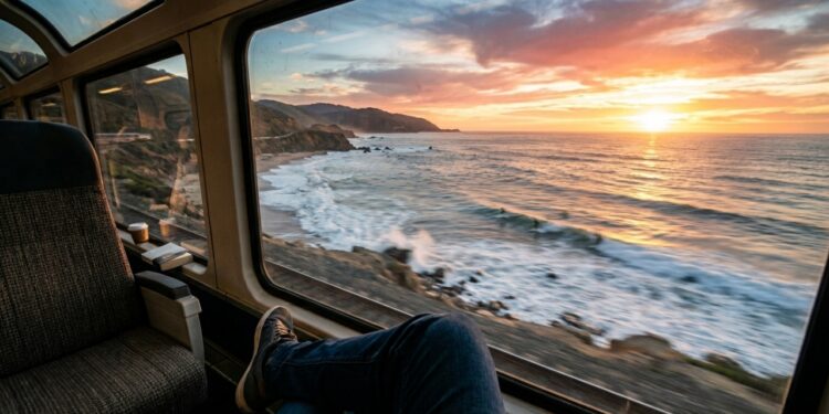 O trem americano que corre a poucos metros do Oceano Pacífico tem vagão de 2 andares e vista para surfistas pela janela
