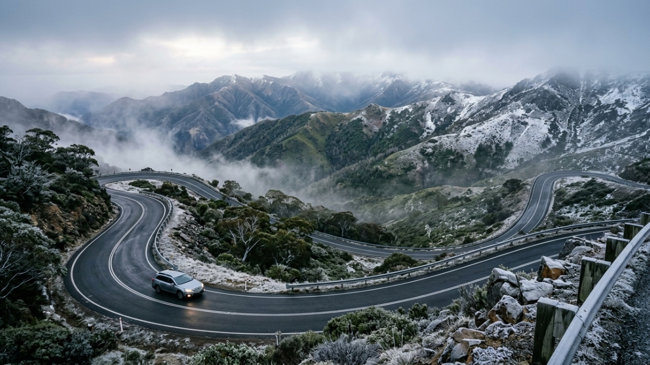 Com 339 km através dos Alpes Australianos, a rodovia surge como a maior estrada de montanha do país, cruzando picos e vales remotos