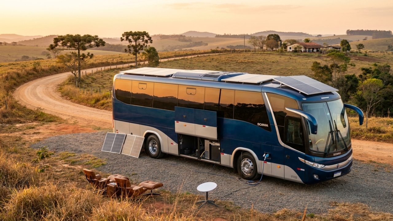 Transformado em mansão móvel com cinco painéis solares e caixa de água de 600 litros, o antigo ônibus de viagem vira a casa definitiva no campo